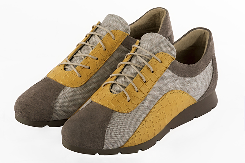 Chocolate brown, natural beige and mustard yellow women's three-tone elegant sneakers. Round toe. Flat rubber soles. Front view - Florence KOOIJMAN